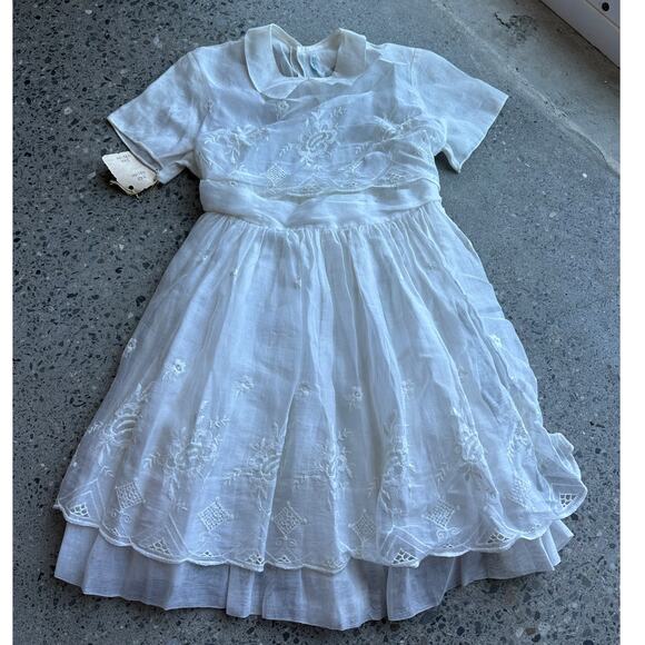 Fein Girls 8 Dress White Embroidered Floral Chiffon Peter Pan Collar Back Bow - Picture 1 of 2